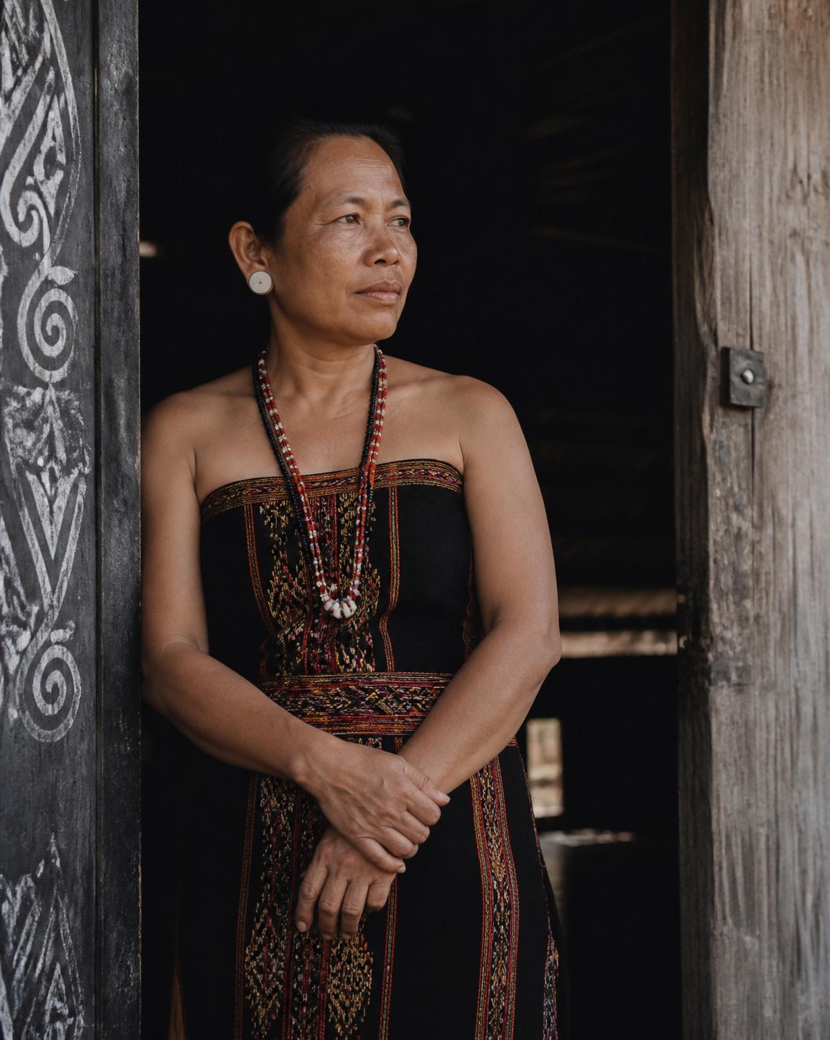 A host standing in the doorway of a timber longhouse, looking outward