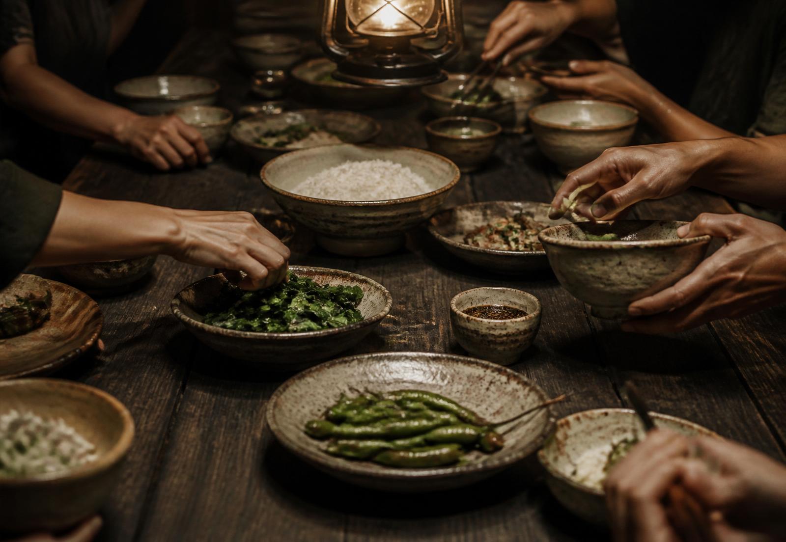 A shared meal on a dark timber table, hands reaching for ceramic bowls under lantern light